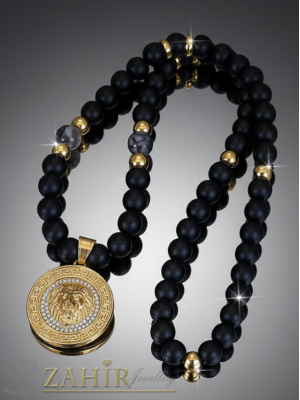  ВИСОК КЛАС стоманен медальон 4 см с глава на ЛЪВ на матирано черно колие от естествен оникс и даконови вени 10 мм, 2 налични дължини - MK1537